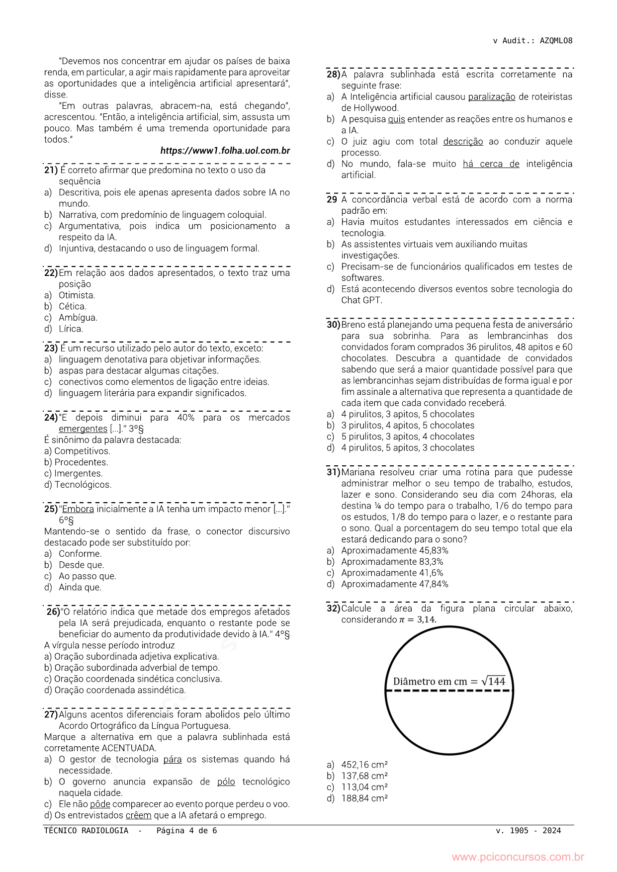 Página da prova de Brejo da Madre de Deus/PE que contém a questão 21.