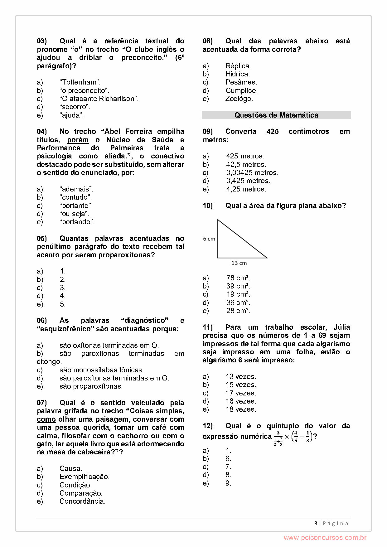 Página da prova com o texto ou apoio visual utilizado na questão 10.