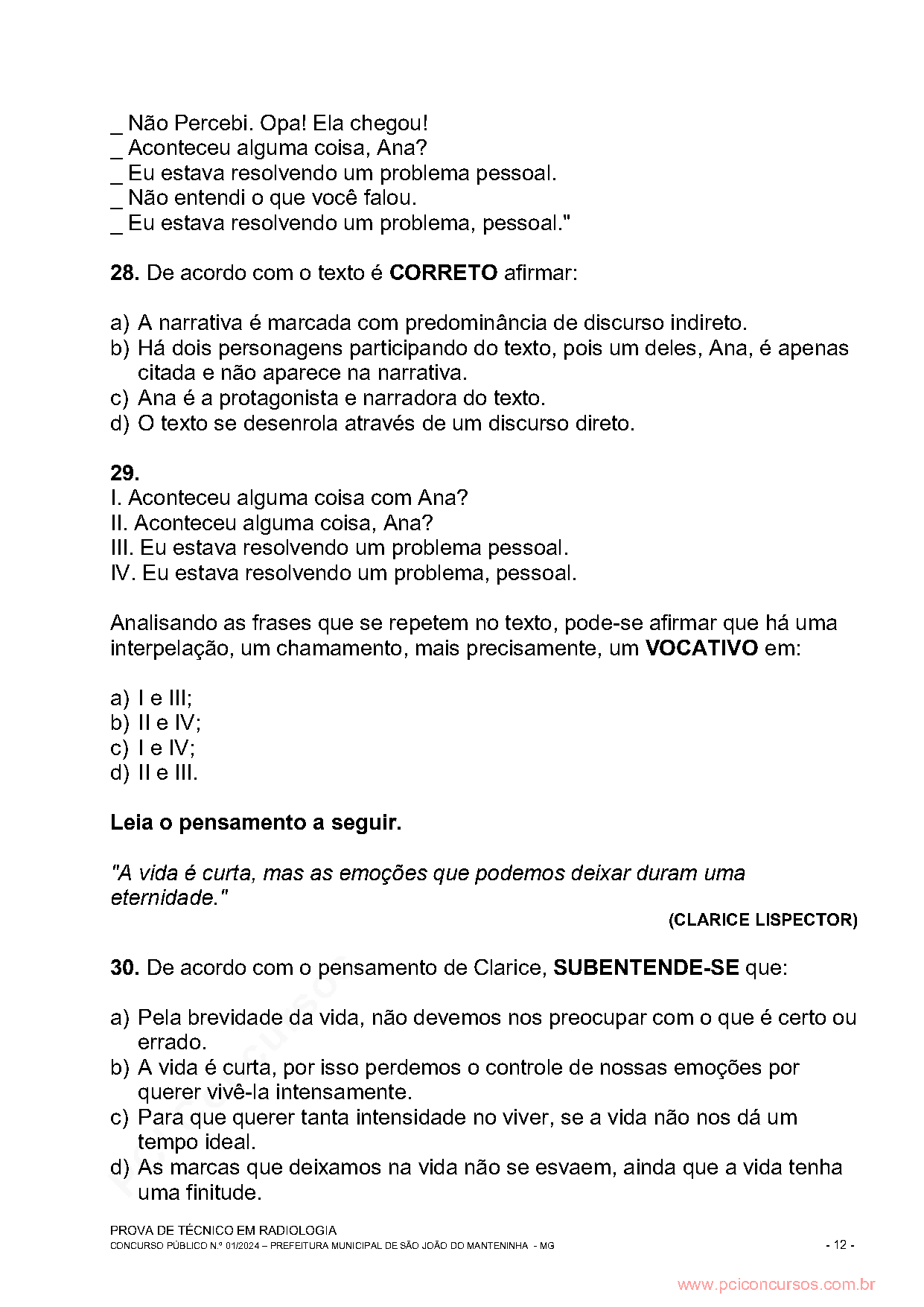 Página da prova com o texto, a expressão ou a imagem utilizada na questão 28.
