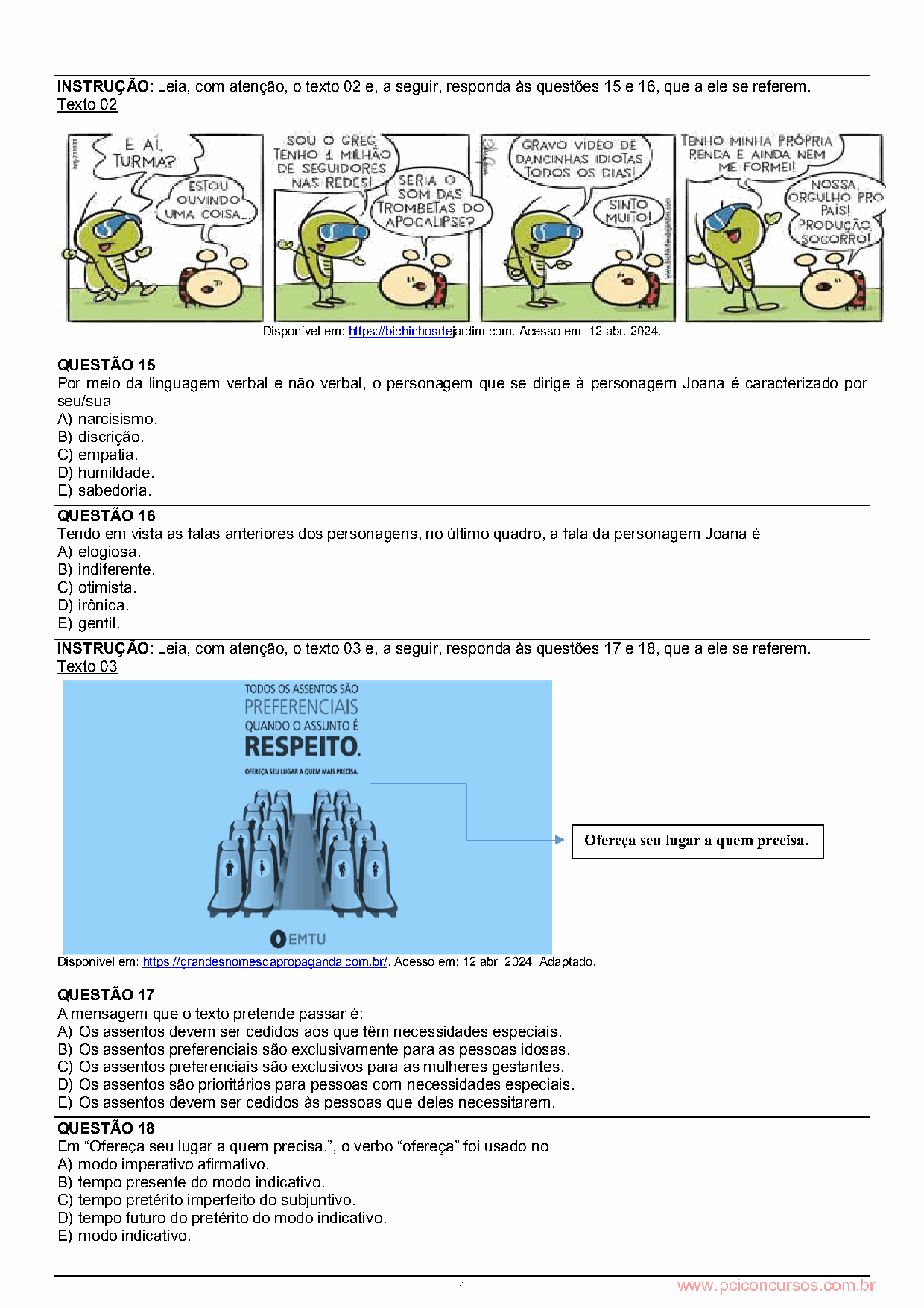 Página da prova com o texto ou apoio visual utilizado na questão 15.