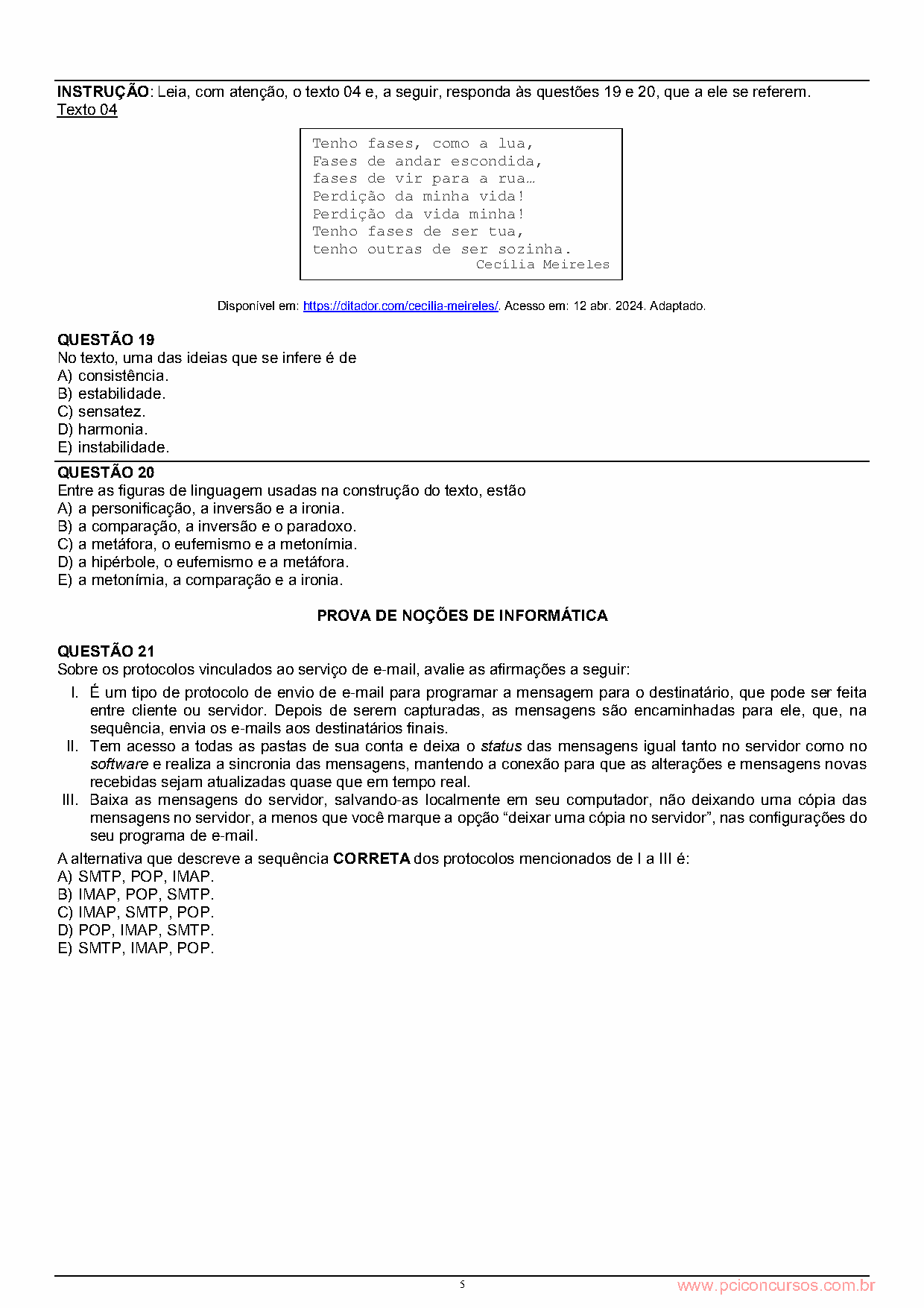 Página da prova com o texto ou apoio visual utilizado na questão 19.