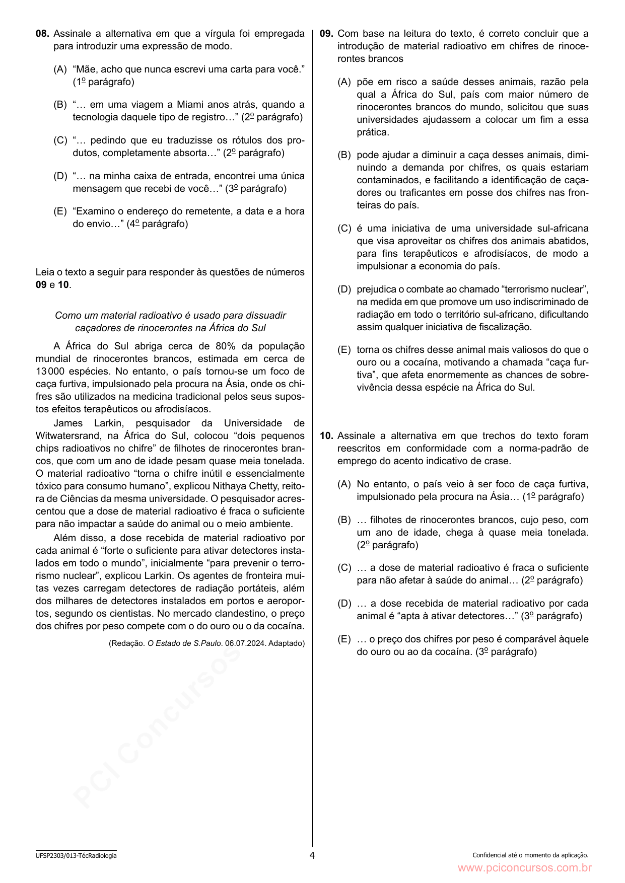 Página da prova UNIFESP 2024 que contém a questão 8.